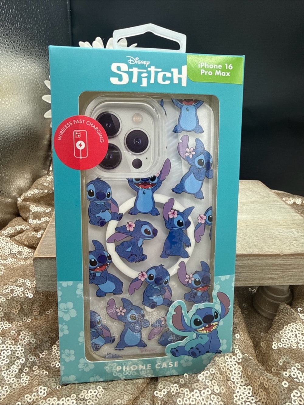 Disney Stitch iPhone 16 Pro Max Clear glittery stitch Phone Case